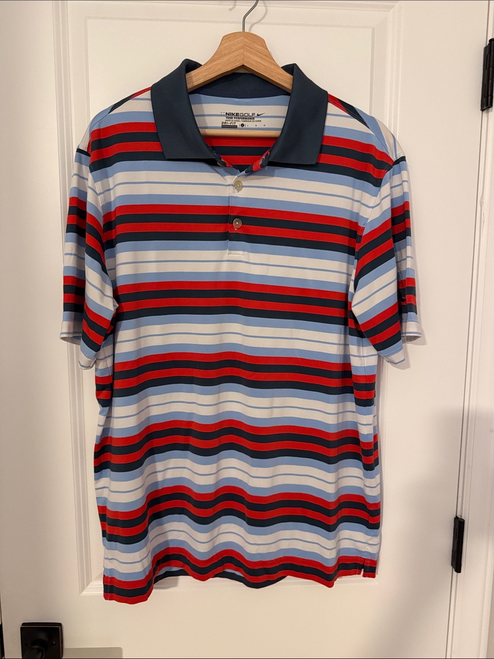 Nike golf Men's Blue & Red Striped Polo Shirt
